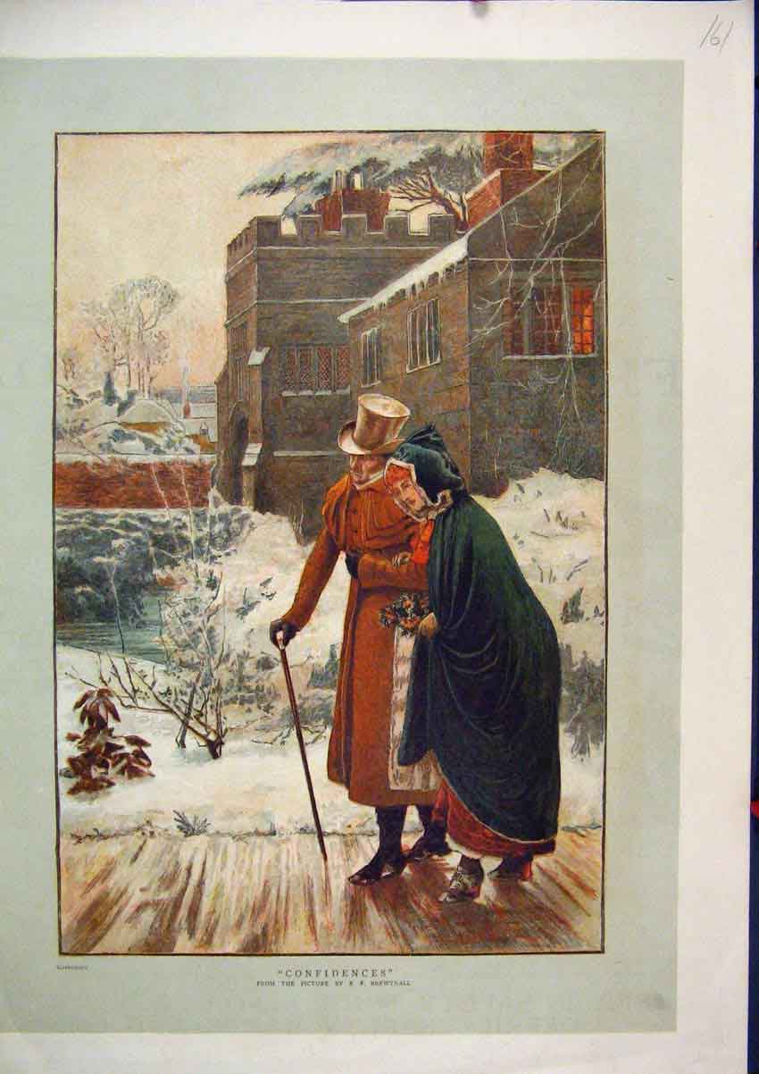 Original Old Antique Print 1886 Colour Man Woman Romance Snow Winter Scene 19th