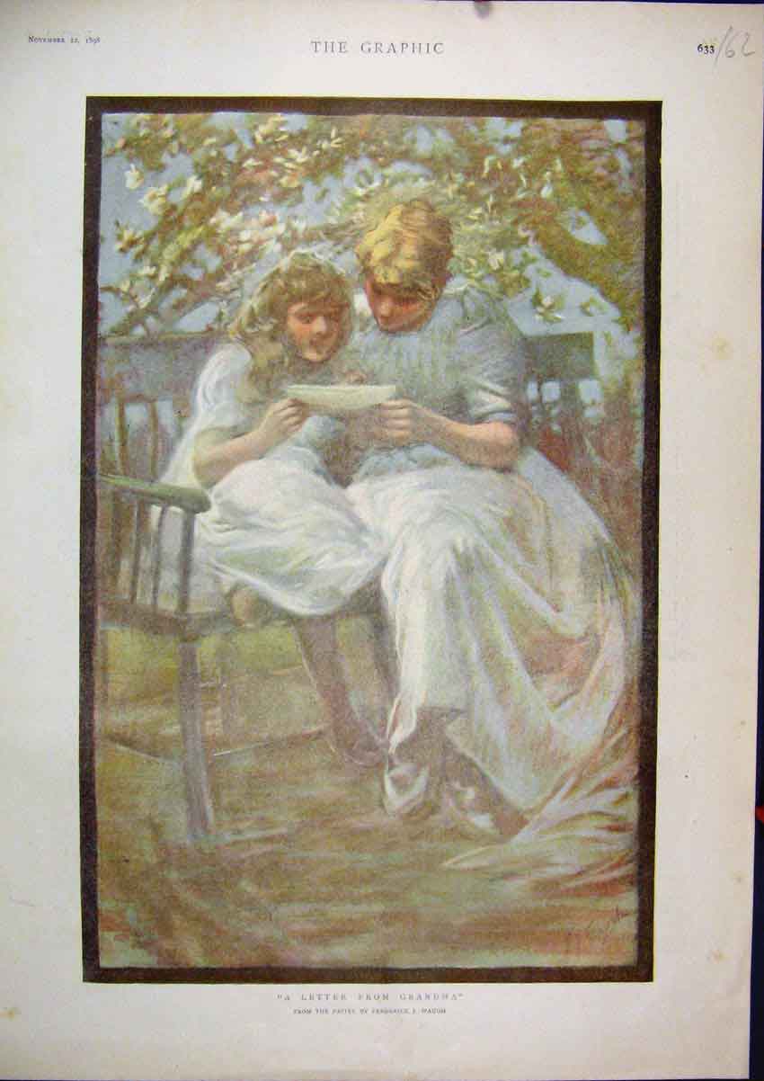 Original Old Antique Print 1898 Colour Girls Reading Letter Bench Country 19th