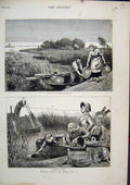 Original Old Antique Print 1879 Holland Washing Canal Bringing Milk Boat River
