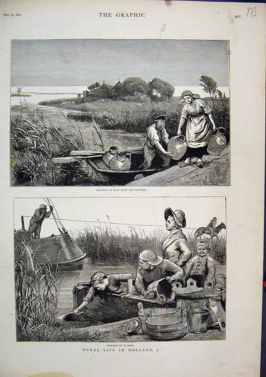 Original Old Antique Print 1879 Holland Washing Canal Bringing Milk Boat River