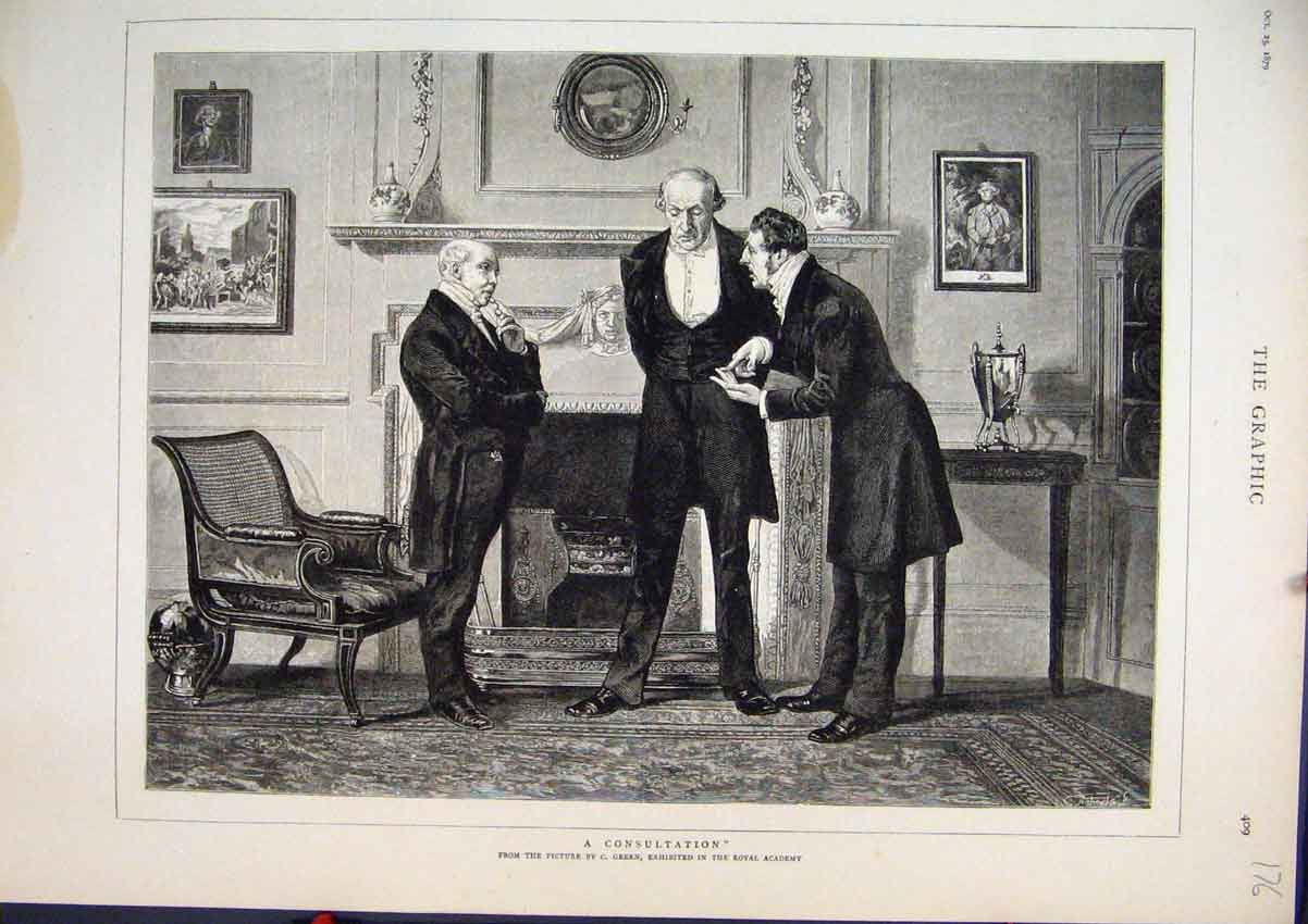 Original Old Antique Print Men Consultation 1879 Room Fire-Side Chair Victorian