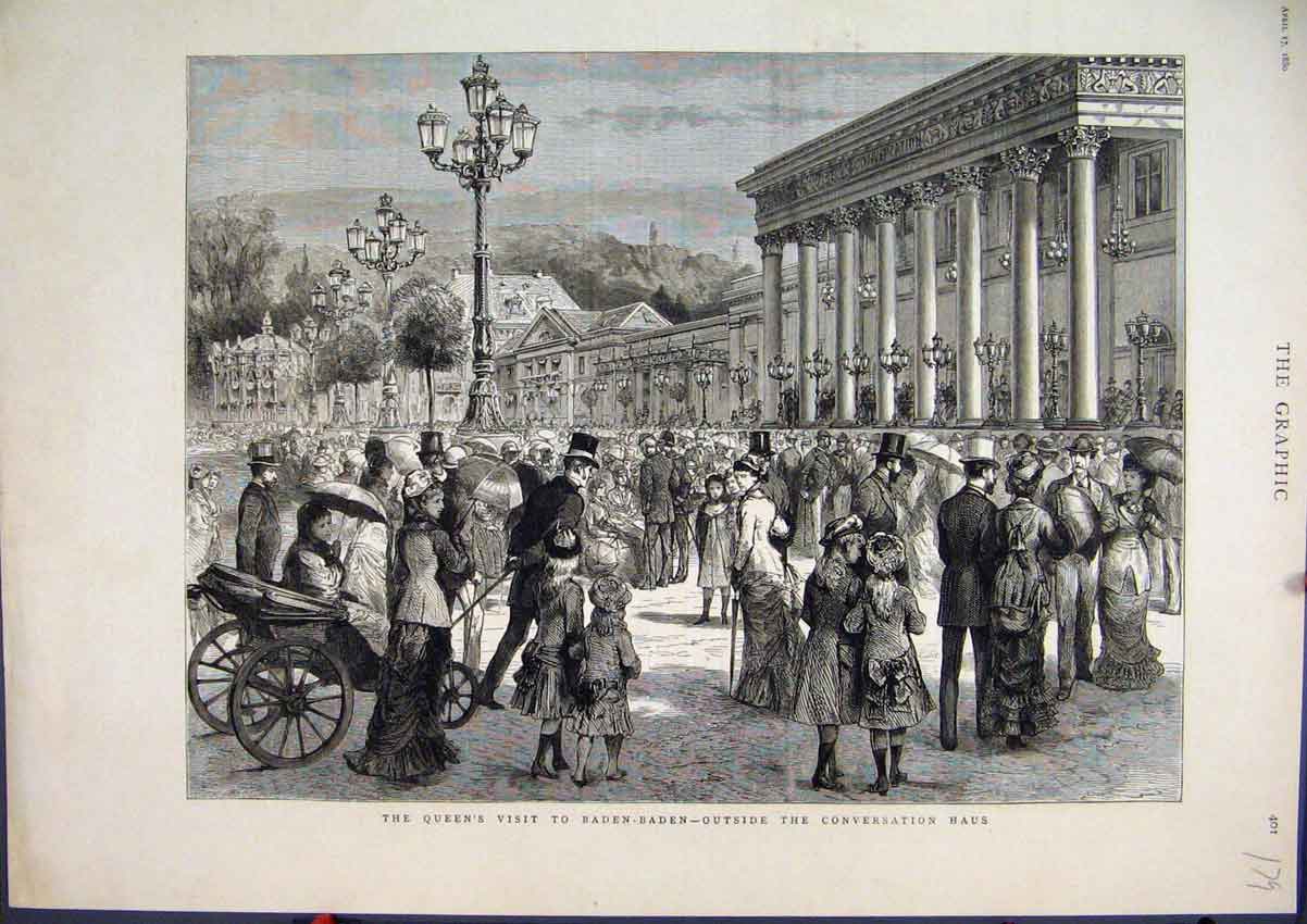 Old Antique Print Queen Visit Baden-Baden 1880 Conversation Haus Fine Art 19th