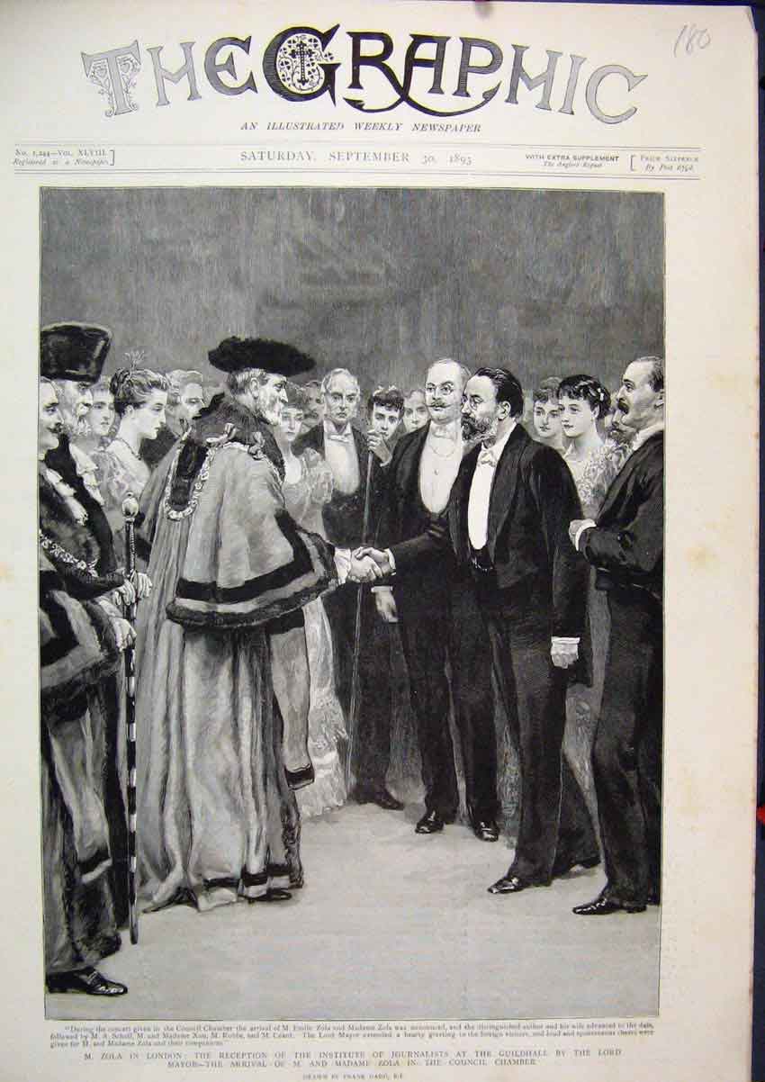Original Old Antique Print Zola London 1893 Guildhall Lord Mayor Council Chamber