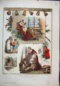 Original Old Antique Print 1883 Colour Christmas Scenes Reading Story Snow 19th