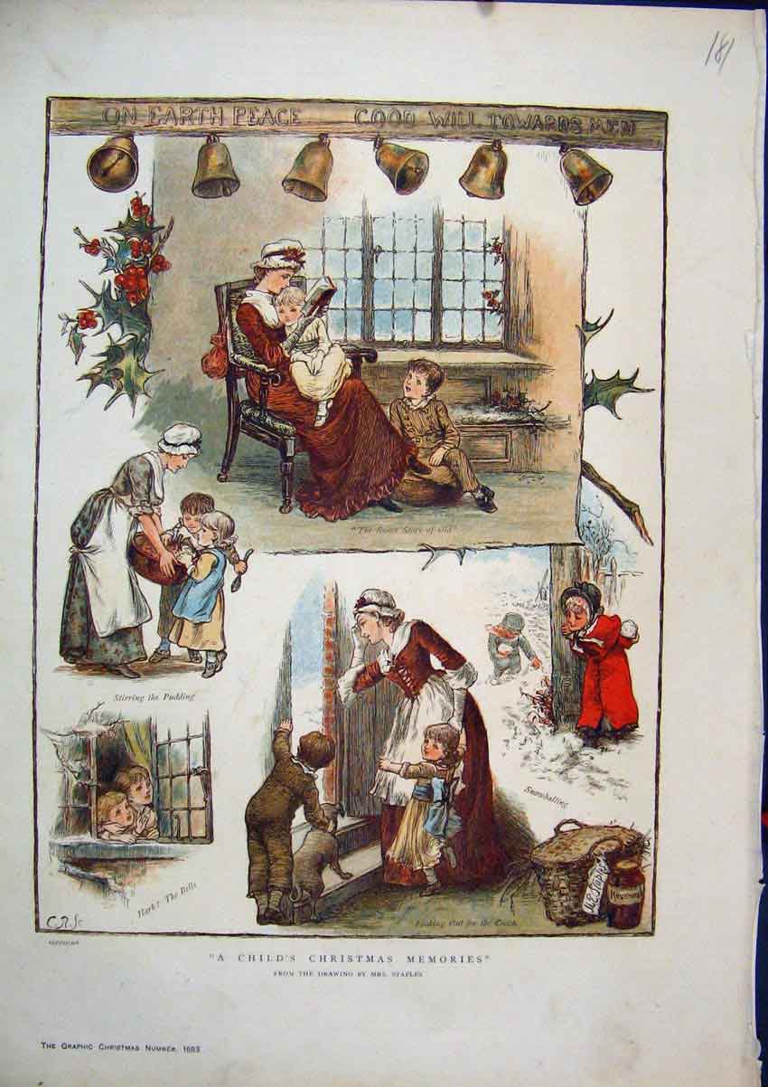 Original Old Antique Print 1883 Colour Christmas Scenes Reading Story Snow 19th