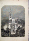 Original Old Antique Print 1870 Strasburg Cathedral Bombardment Building 19th