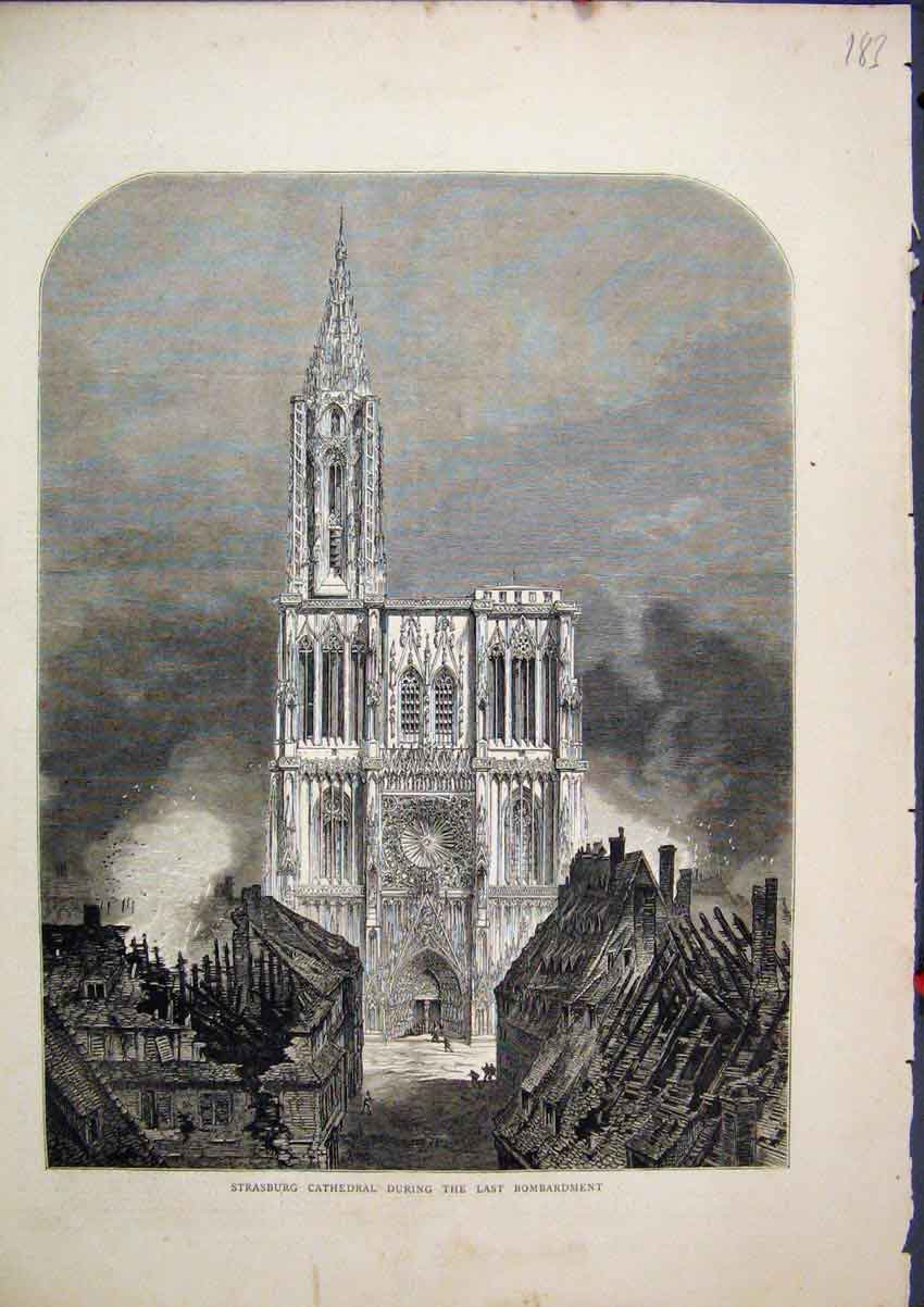Original Old Antique Print 1870 Strasburg Cathedral Bombardment Building 19th