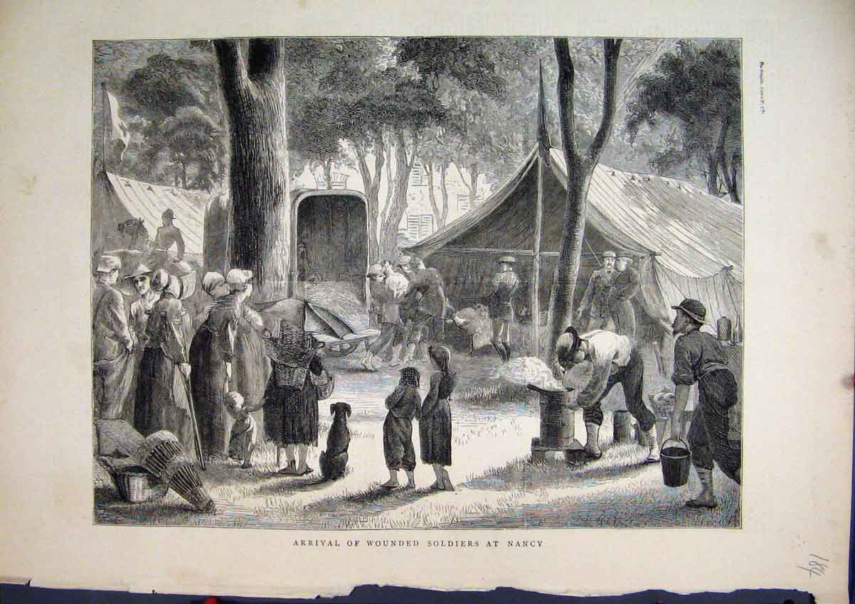 Original Old Antique Print 1870 Wounded Sier Nancy Tent Hospital War Children