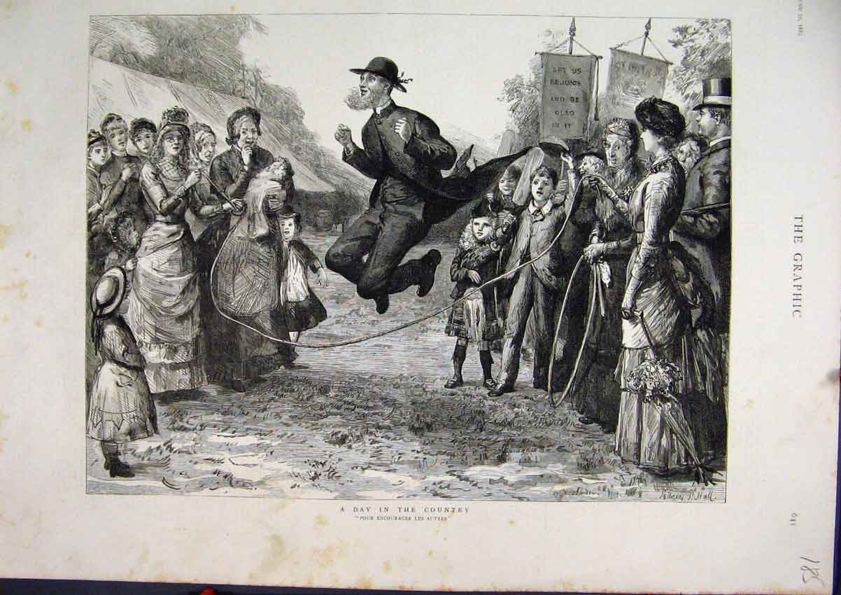 Original Old Antique Print 1885 Day Country Man Skipping Autres Minister 19th