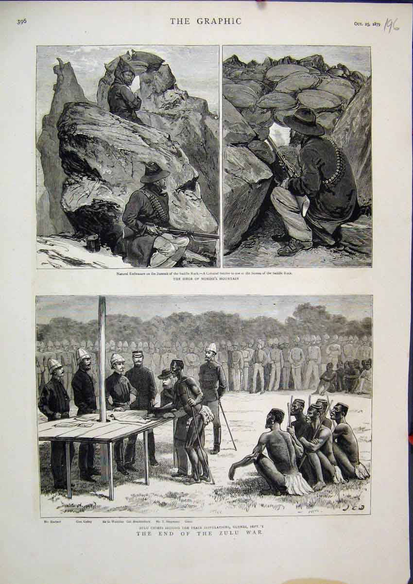 Old Antique Print 1879 Zulu War Siege Morosi Mountain Peace Stipulations 19th