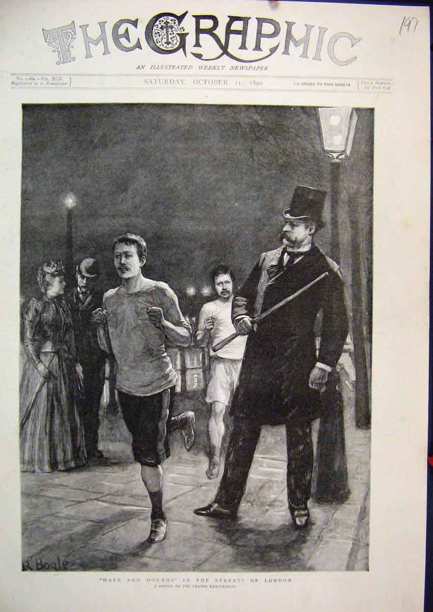 Original Old Antique Print 1890 Streets London Men Running Thames Embankment