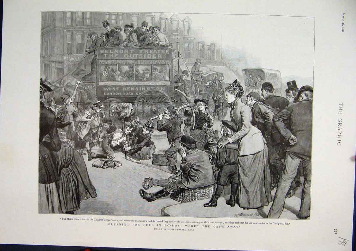 Original Old Antique Print 1892 Street Scene Family Digging Horse Coach 19th