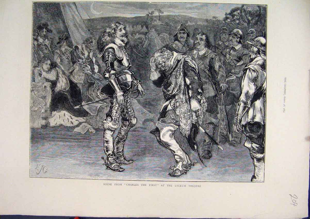 Original Old Antique Print 1872 Scene Charles First Lyceum Theatre Victorian