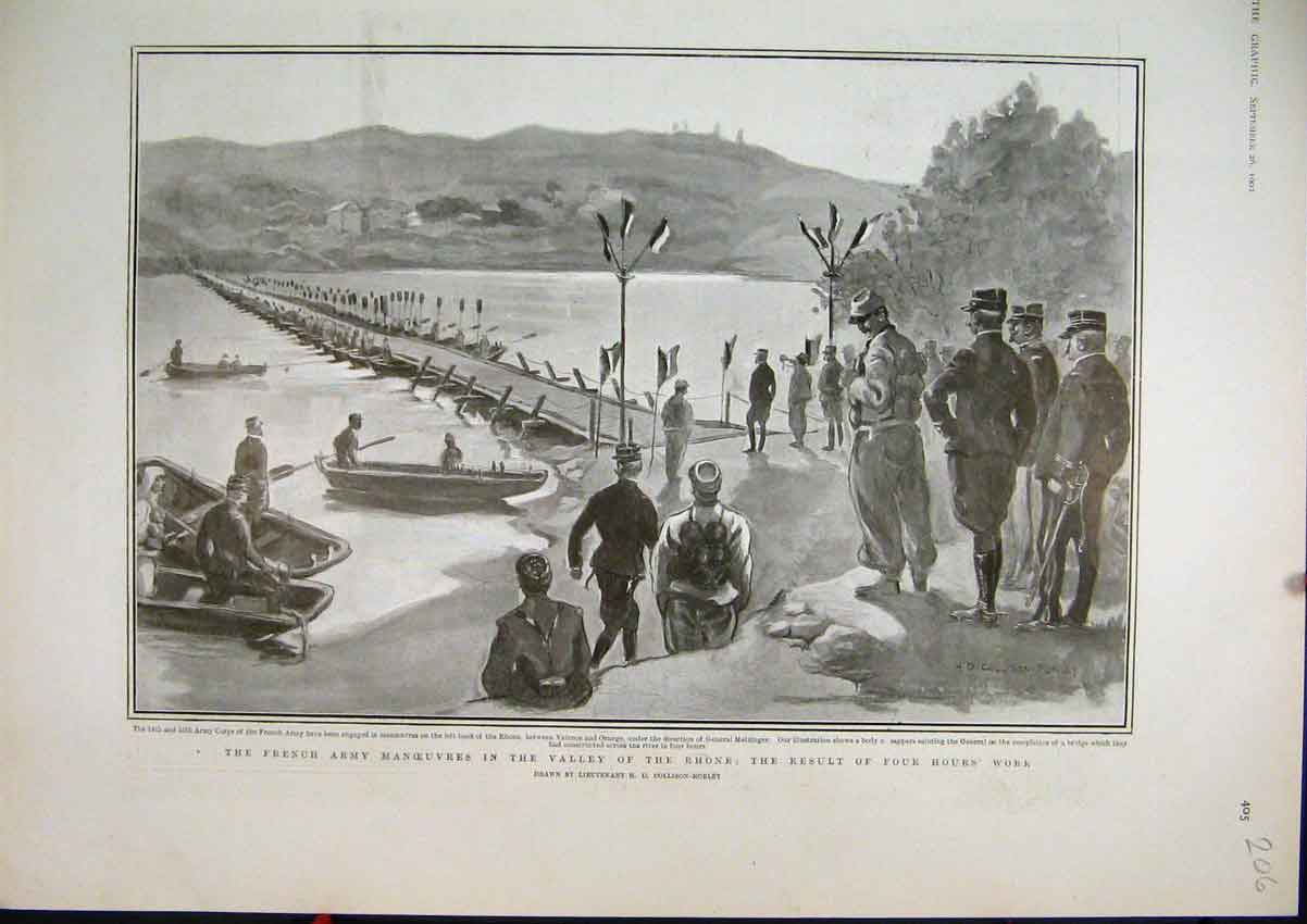 Original Old Antique Print French Army Manoeuvres Valley Rhone 1903 River 20th