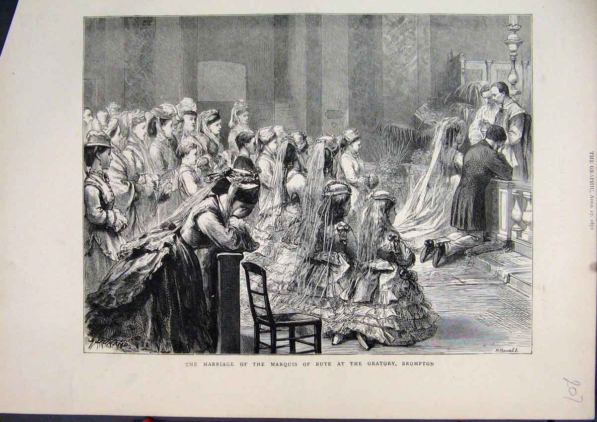 Original Old Antique Print 1872 Marriage Marquis Bute Oratory Brompton Victorian