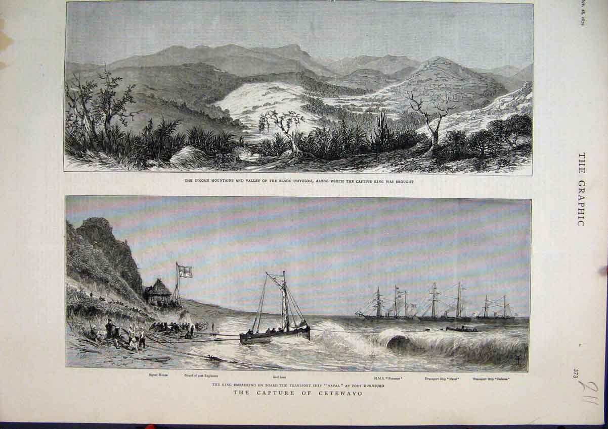 Original Old Antique Print 1879 Capture Cetewayo Ingome Mountains Durnford King