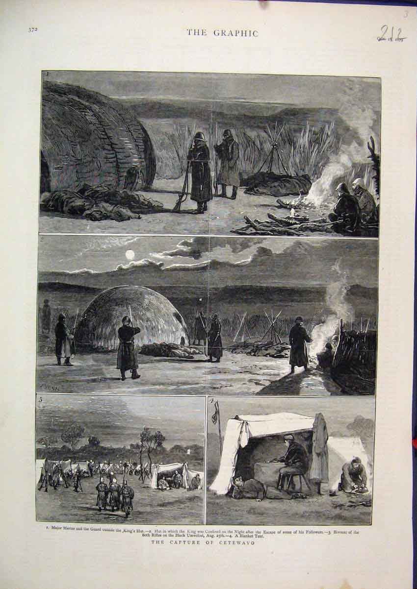 Original Old Antique Print Capture Cetewayo 1879 Major Marter Blanket Tent 19th