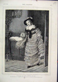 Original Old Antique Print 1875 Woman Carrying Flowers Beautiful Dress Victorian