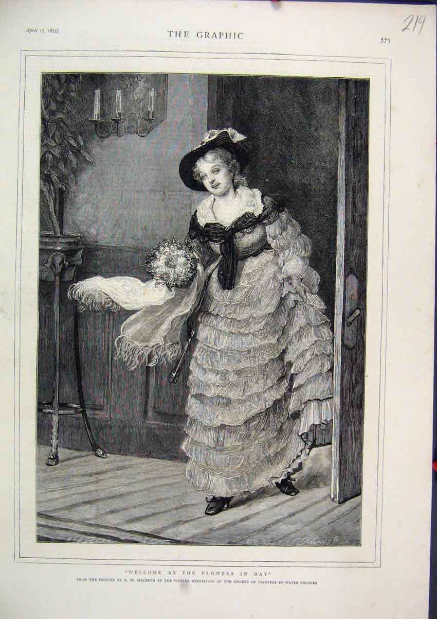 Original Old Antique Print 1875 Woman Carrying Flowers Beautiful Dress Victorian