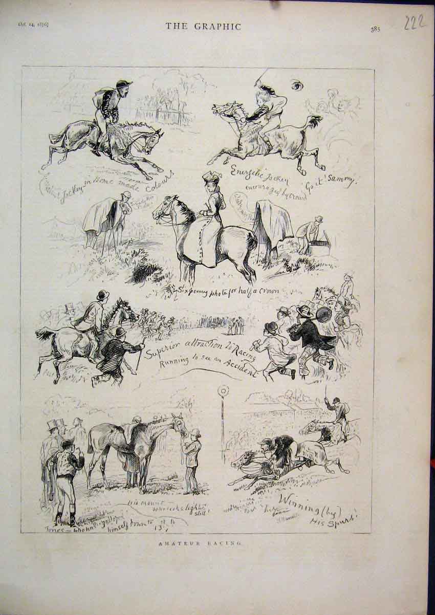 Original Old Antique Print 1876 Comedy Scenes Amateur Racing Horses Jumping 19th