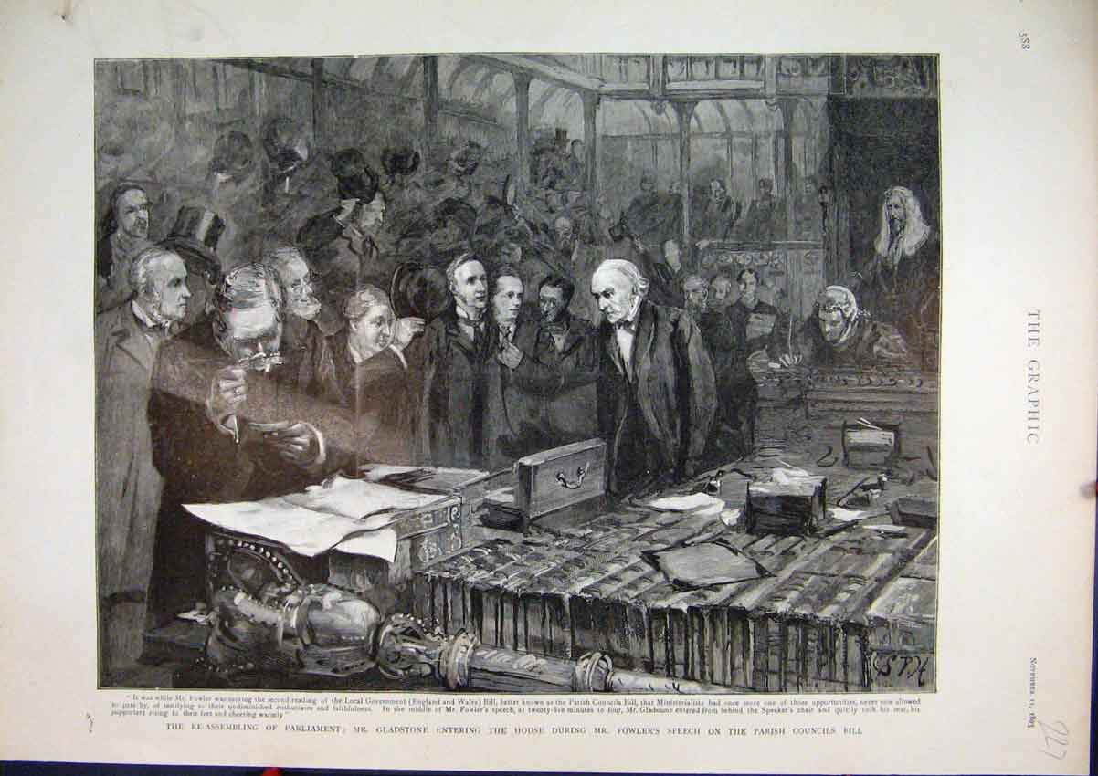 Old Antique Print 1893 Parliament Gladstone Fowlers Speech Parish Council 19th