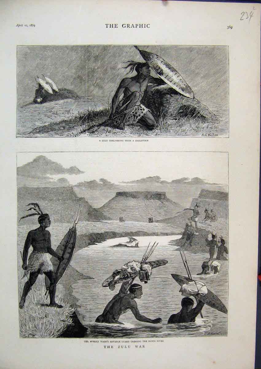 Original Old Antique Print 1879 Zulu War Hailstorm Evelyn Wood Blood River 19th
