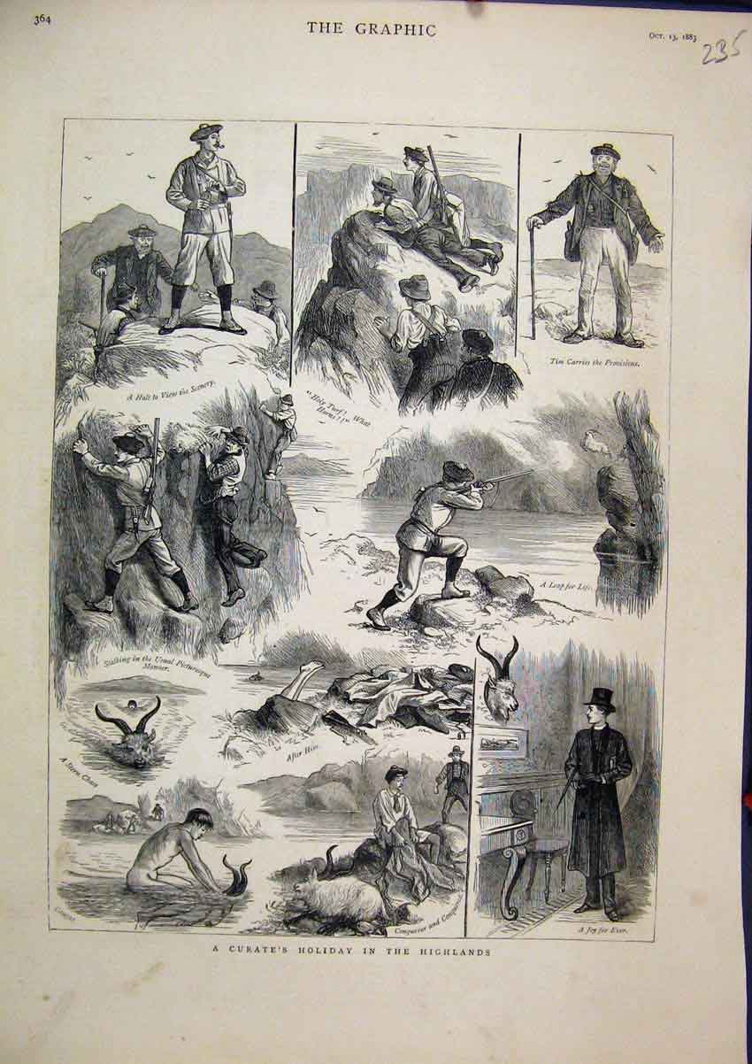 Original Old Antique Print 1883 Curate Holiday Highlands Men Shooting Mountain