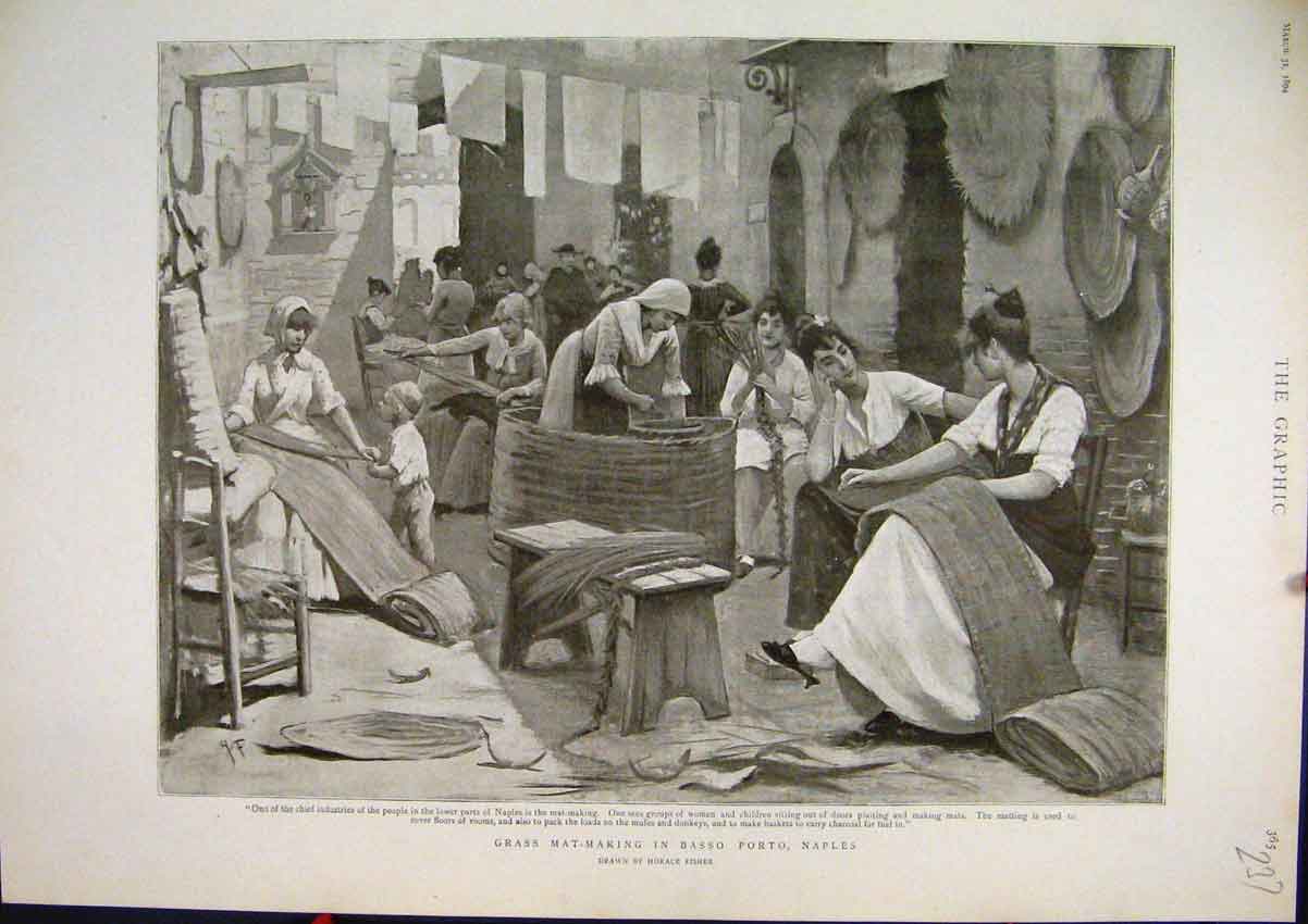 Original Old Antique Print Grass Making Basso Porto Naples 1894 Women Working