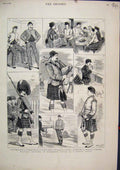 Original Old Antique Print 1882 Militray Sketches Edinburgh Castle Kilt Bagpipes