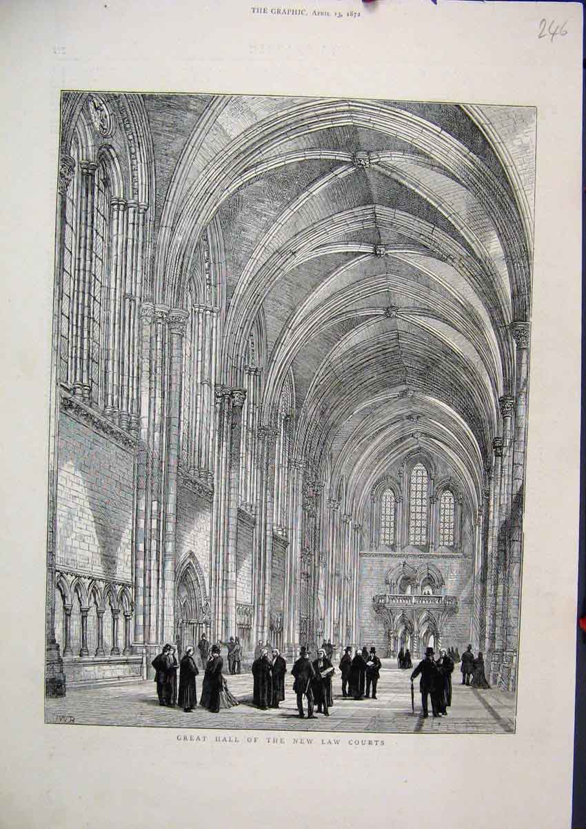 Original Old Antique Print 1872 Great Hall New Law Courts Building Victorian