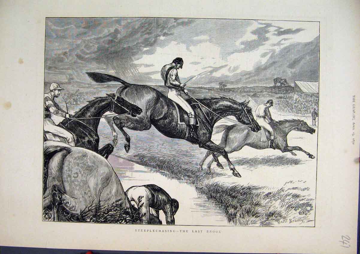 Original Old Antique Print 1872 Steeplechasing Last Brook Jumping Horse 19th