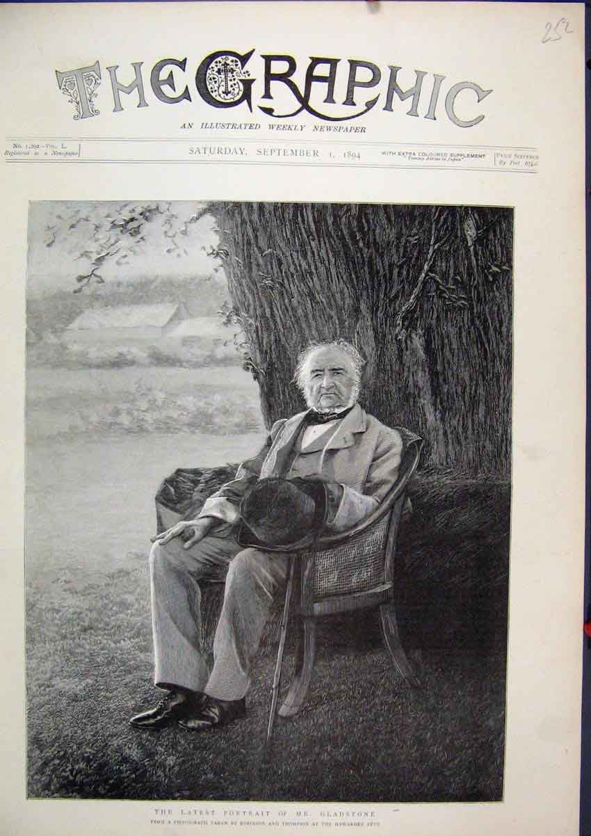 Original Old Antique Print 1894 Portrait Mr Gladstone Sitting Chair Tree 19th