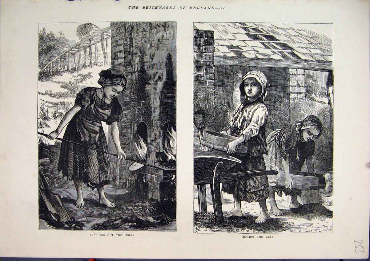 Original Old Antique Print 1871 Brickyards England Girls Punching Holes Sifting
