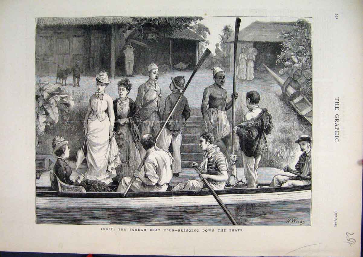 Original Old Antique Print 1877 India Poonah Boat Club River Women Victorian
