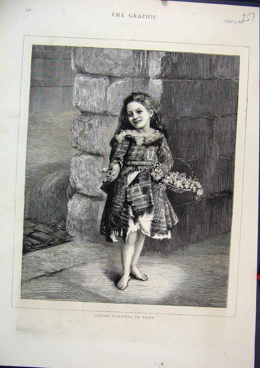 Original Old Antique Print 1875 Spring Flowers Young Girl Carrying Basket 19th