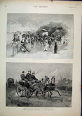 Original Old Antique Print Racing Horses Newmarket 1890 Coach Training Victorian