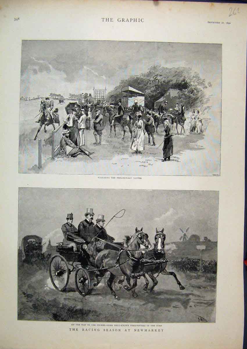 Original Old Antique Print Racing Horses Newmarket 1890 Coach Training Victorian