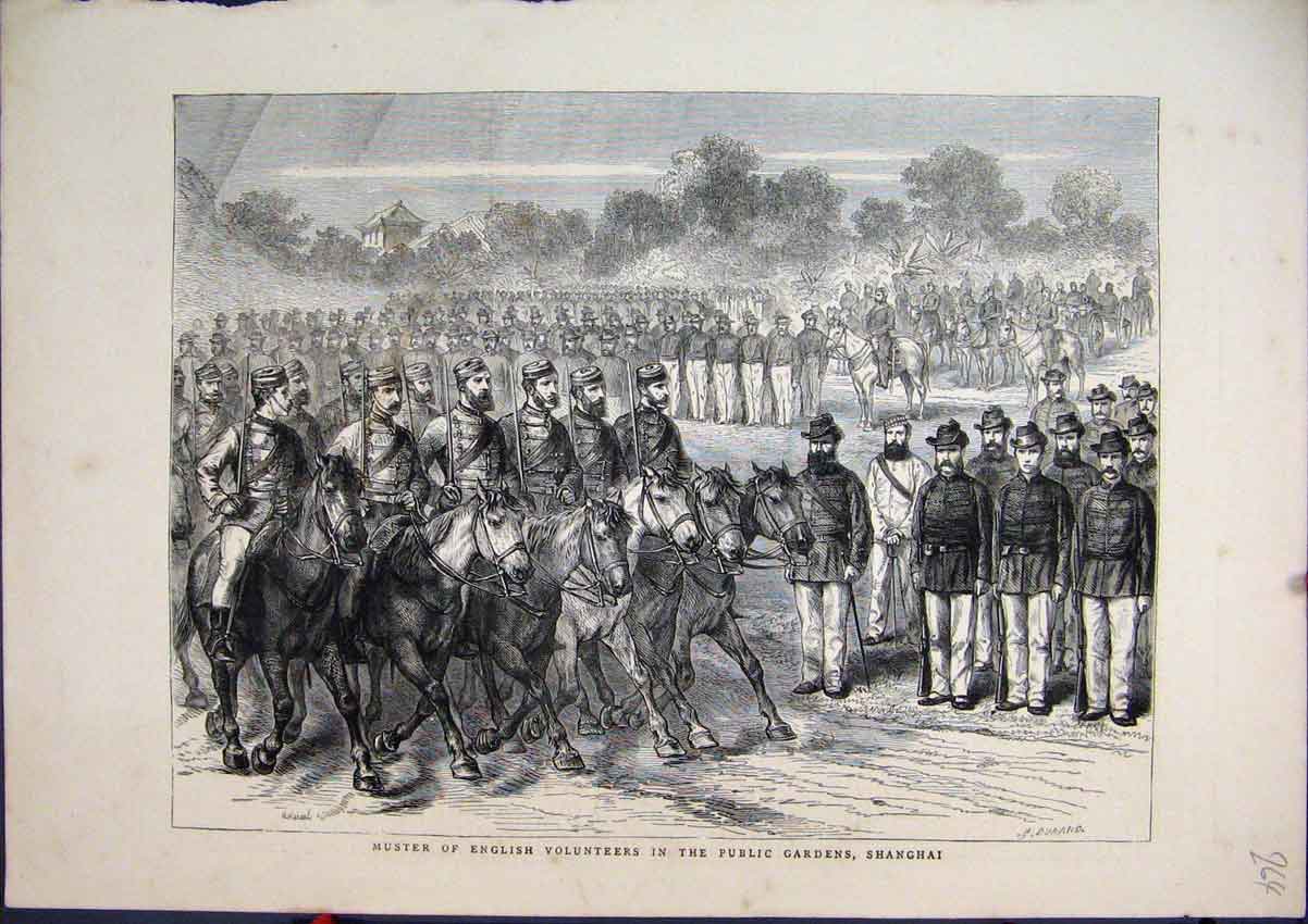 Original Old Antique Print English Volunteers 1871 Public Gardens Shanghai 19th