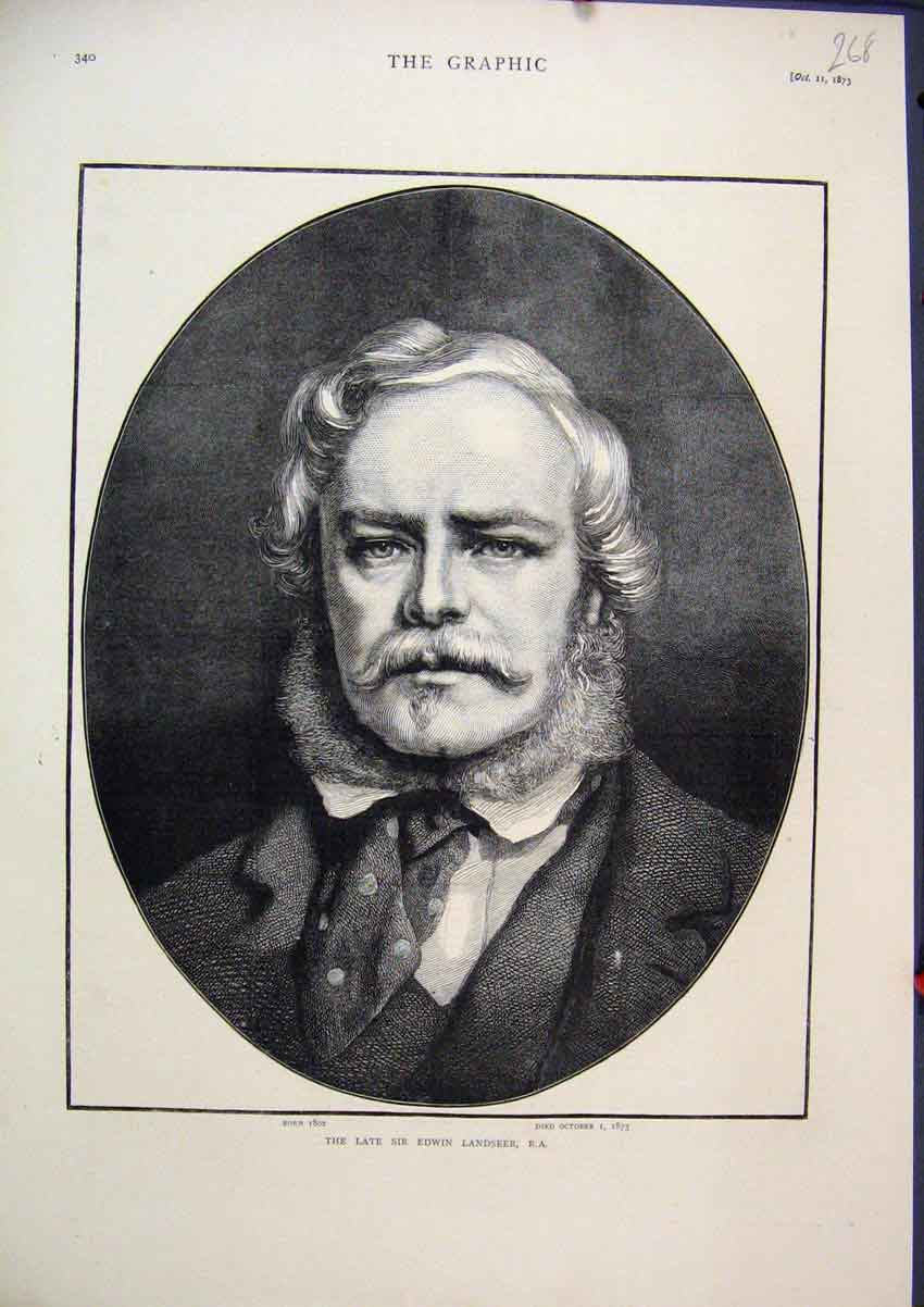Original Old Antique Print 1873 Portrait Late Sir Edwin Landseer 19th