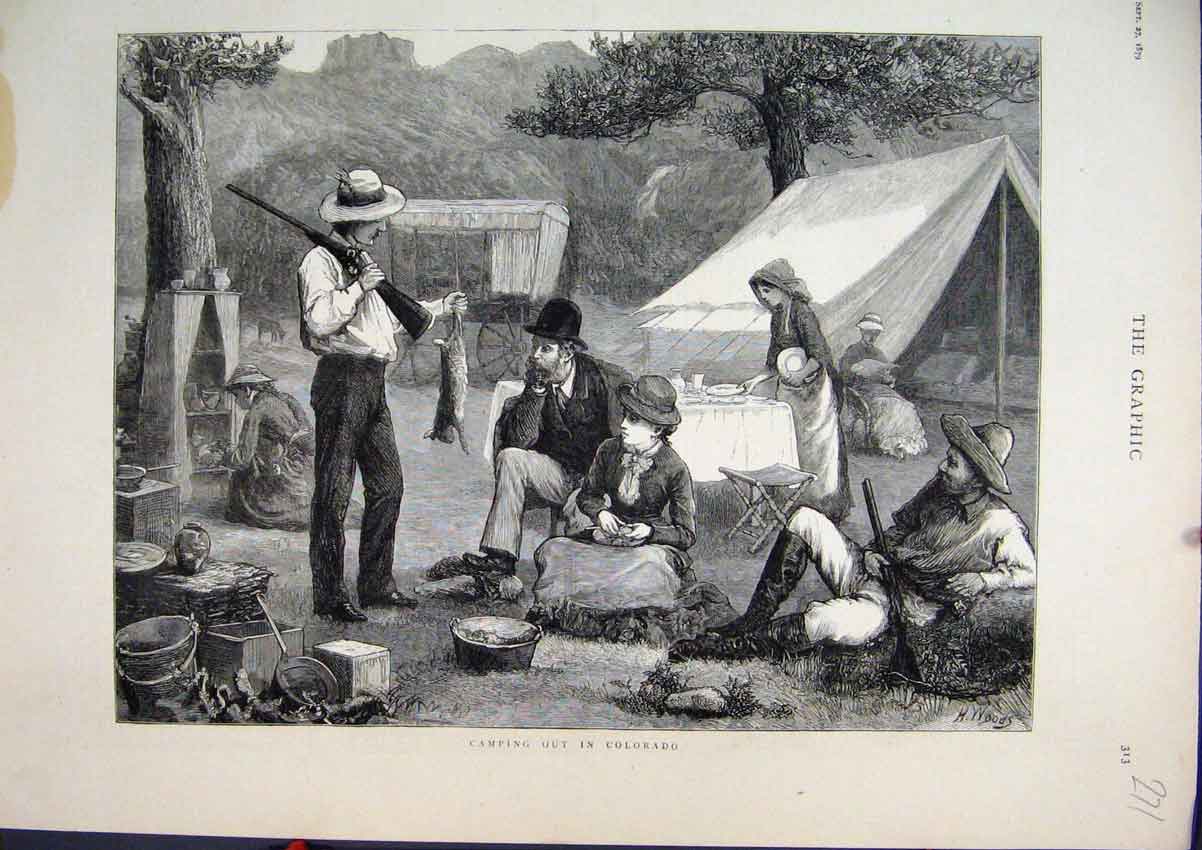 Original Old Antique Print 1879 Camping Colorado America Hunting Gun Rabbit Tent