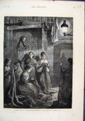 Original Old Antique Print 1875 London Life Sack-Making Light Street Lamp Women