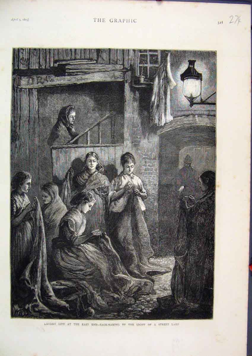 Original Old Antique Print 1875 London Life Sack-Making Light Street Lamp Women