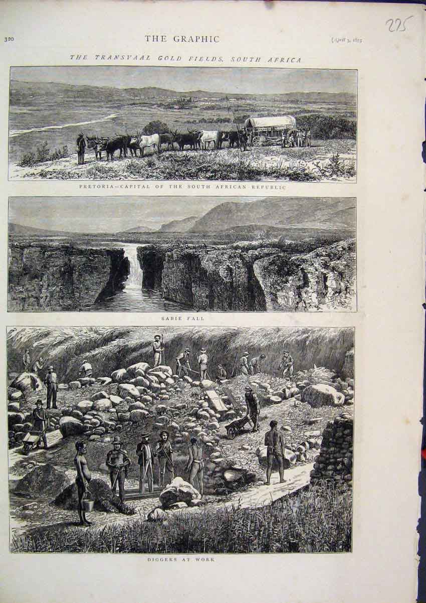 Original Old Antique Print 1875 Transvaal GFields Africa Diggers Sabie Fall 19th