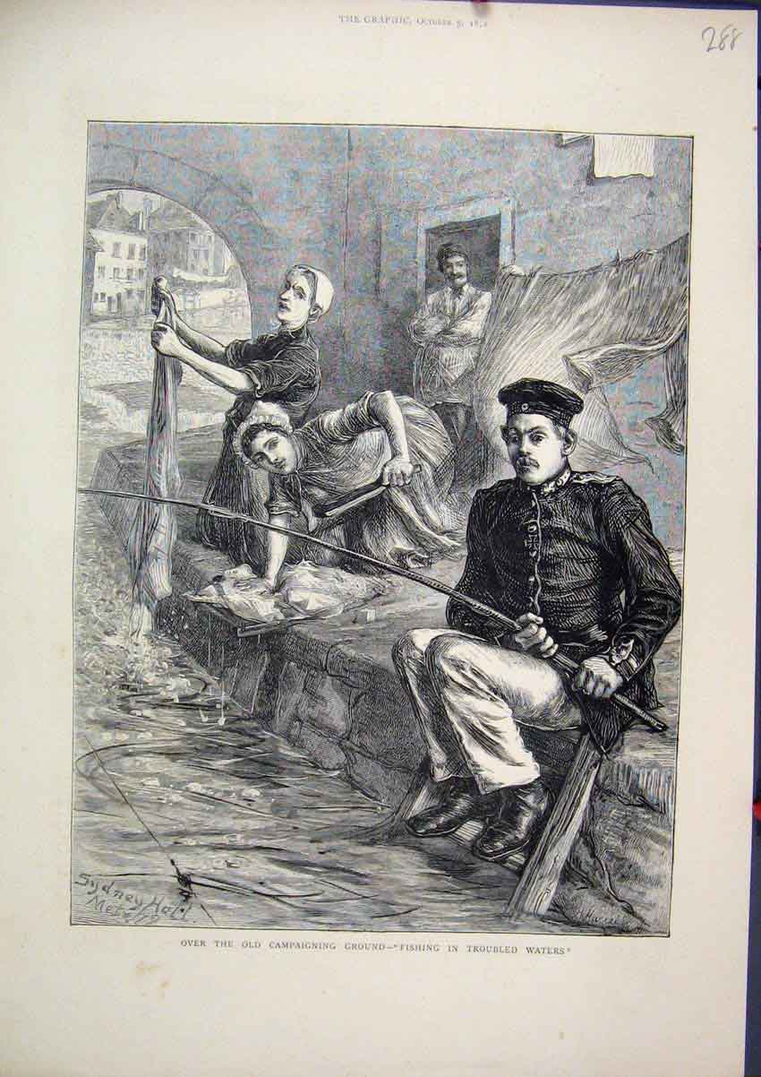Original Old Antique Print 1872 Sier Fishing River Women Washing Clothes 19th