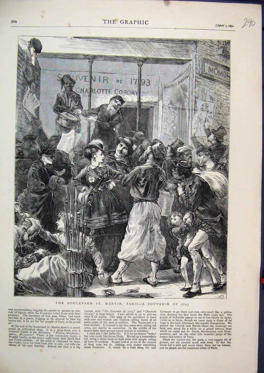 Original Old Antique Print 1871 Boulevard Martin Paris Souvenir Music Victorian