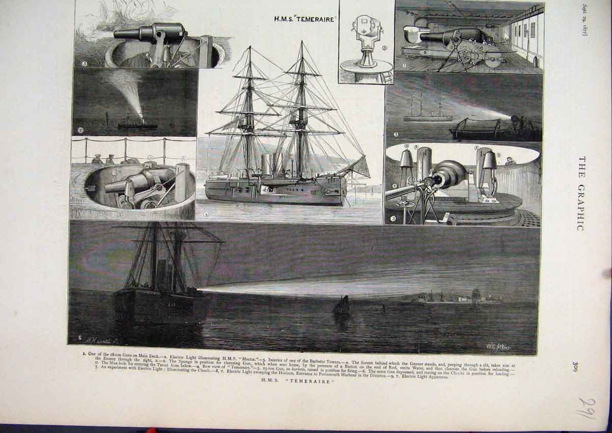 Old Antique Print 1877 H.M.S Temeraire Ship Barbette Tower Electric Light 19th