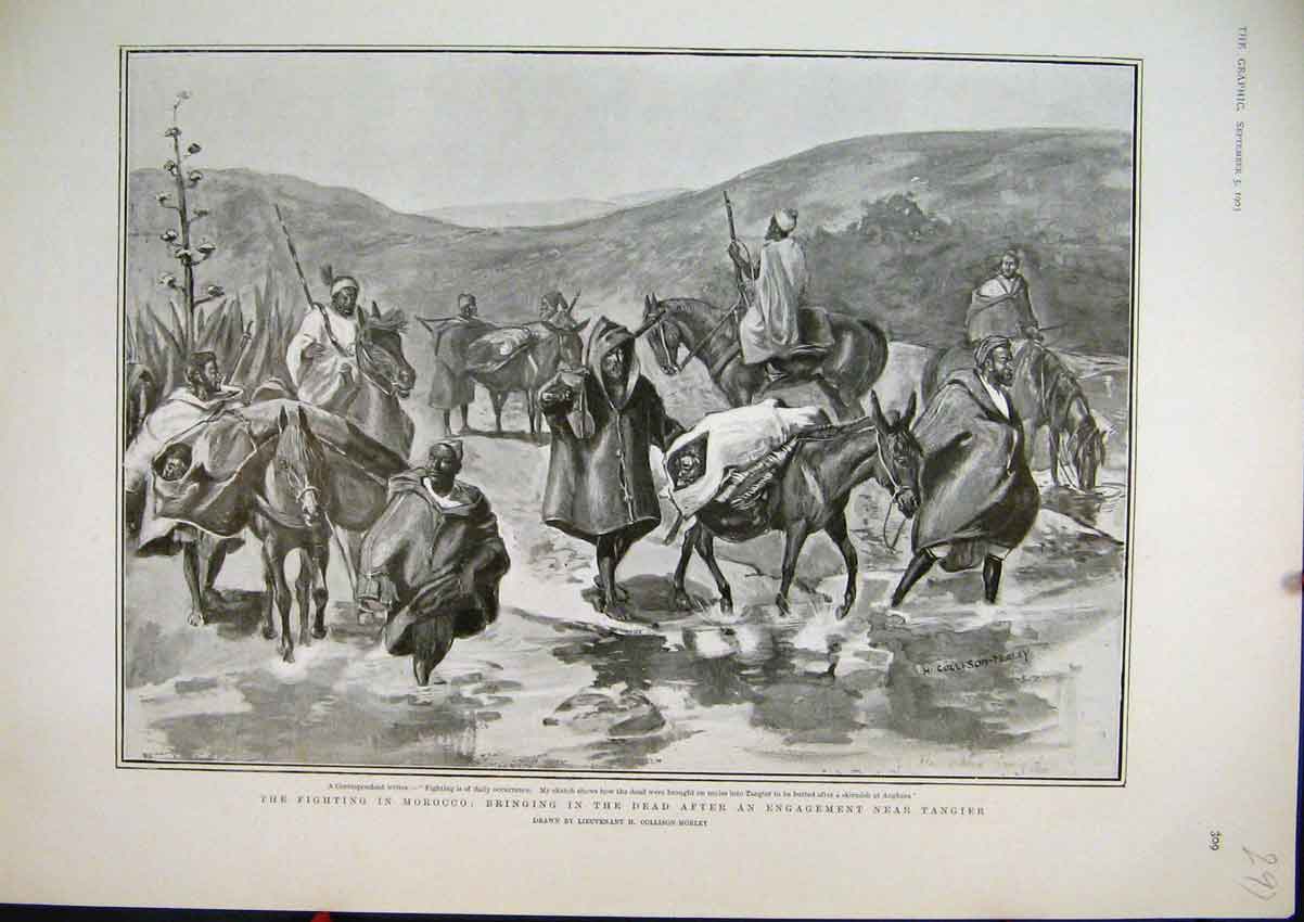 Old Antique Print 1903 Fighting Morocco Dead Battle Tangier Horses River 20th