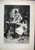 Original Old Antique Print 1896 Woman Young Girl Breakfast Table Kittens Dog