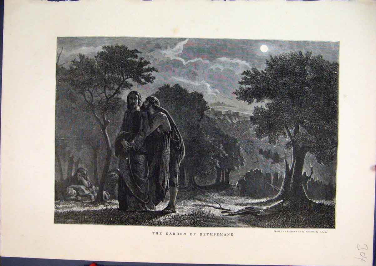 Original Old Antique Print 1871 Scene Garden Gethsemane Moon Fine Art Victorian