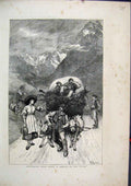 Original Old Antique Print 1871 Sketch Tyrol Cow Cart Workers Mountain Road 19th